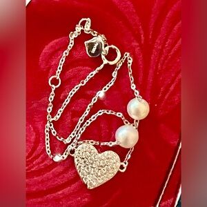 14K White Gold Bracelet 8” Textured Heart Moissanite Pearls 1.54g Au 585
